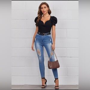 Privé Sweetheart Neck Puff Sleeve Rib-knit Tee